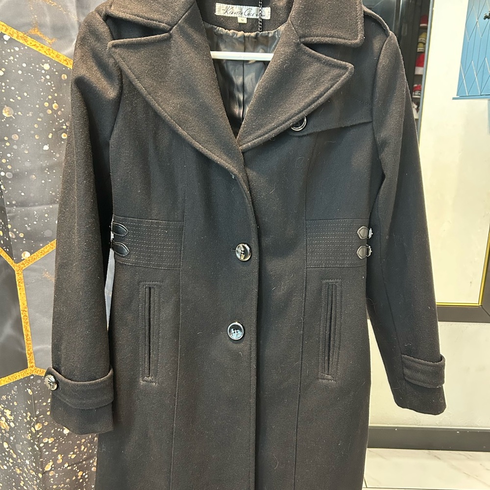 Kenneth Cole New York Black Wool-Blend Pea Coat with Notch Collar